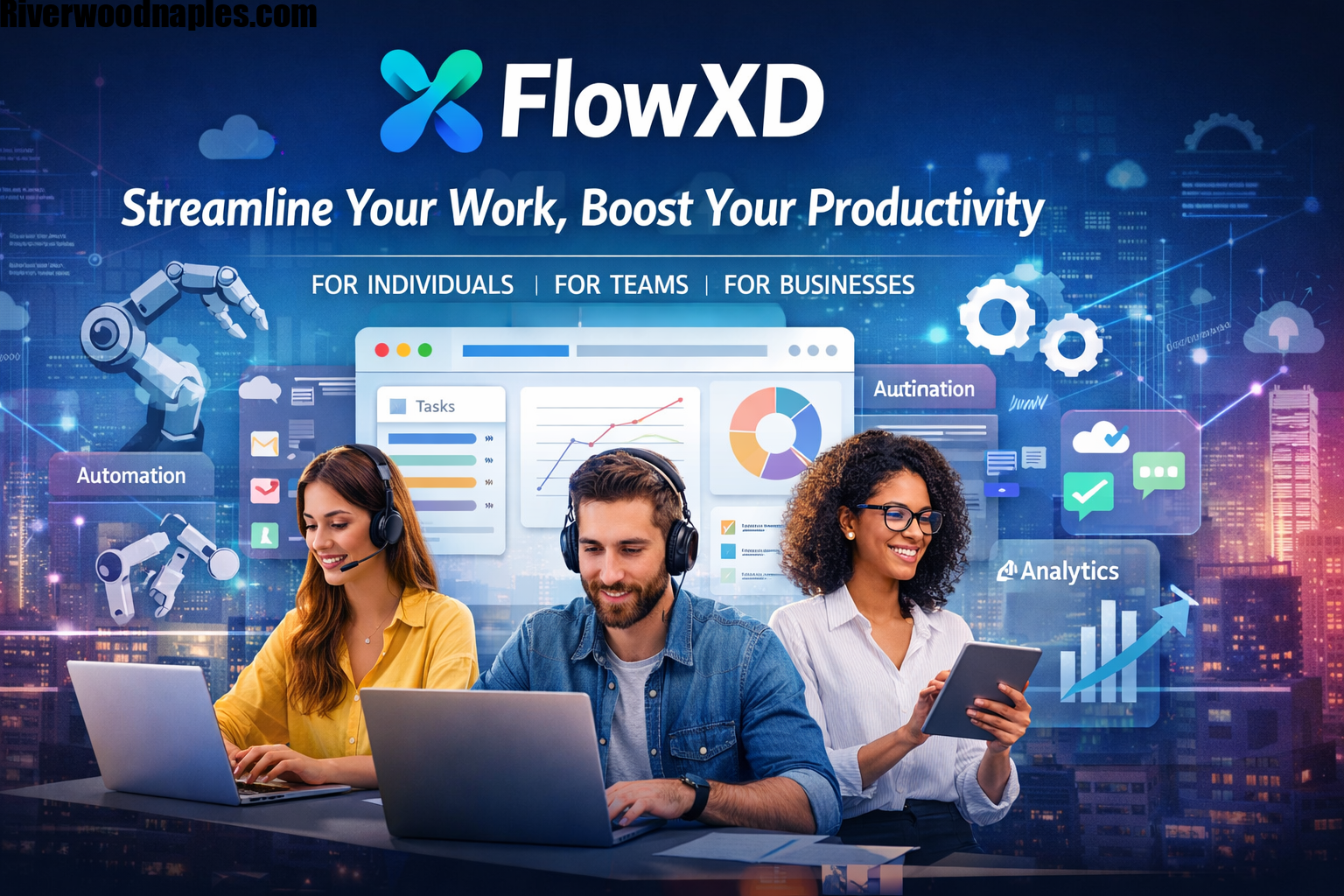 Illustration of FlowXD digital workflow platform showing team collaboration, dashboards, and task automation