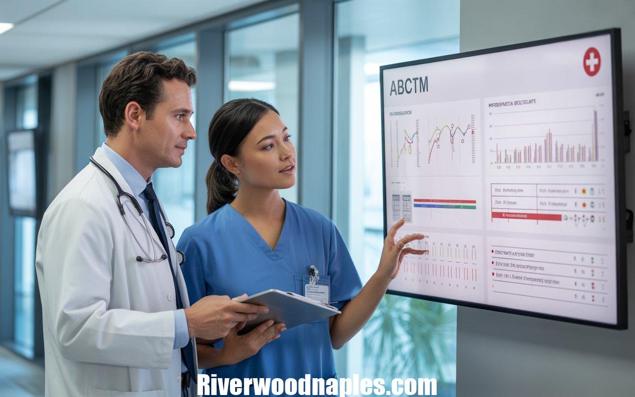 Illustration showing healthcare professionals reviewing data charts on a digital dashboard representing ABCTM benchmarks in patient care