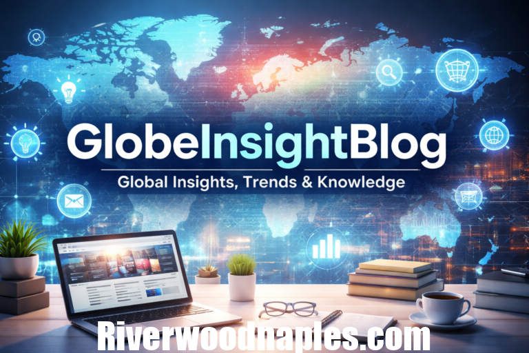 GlobeInsightBlog logo with a world map, digital icons, and a laptop representing global knowledge and insights