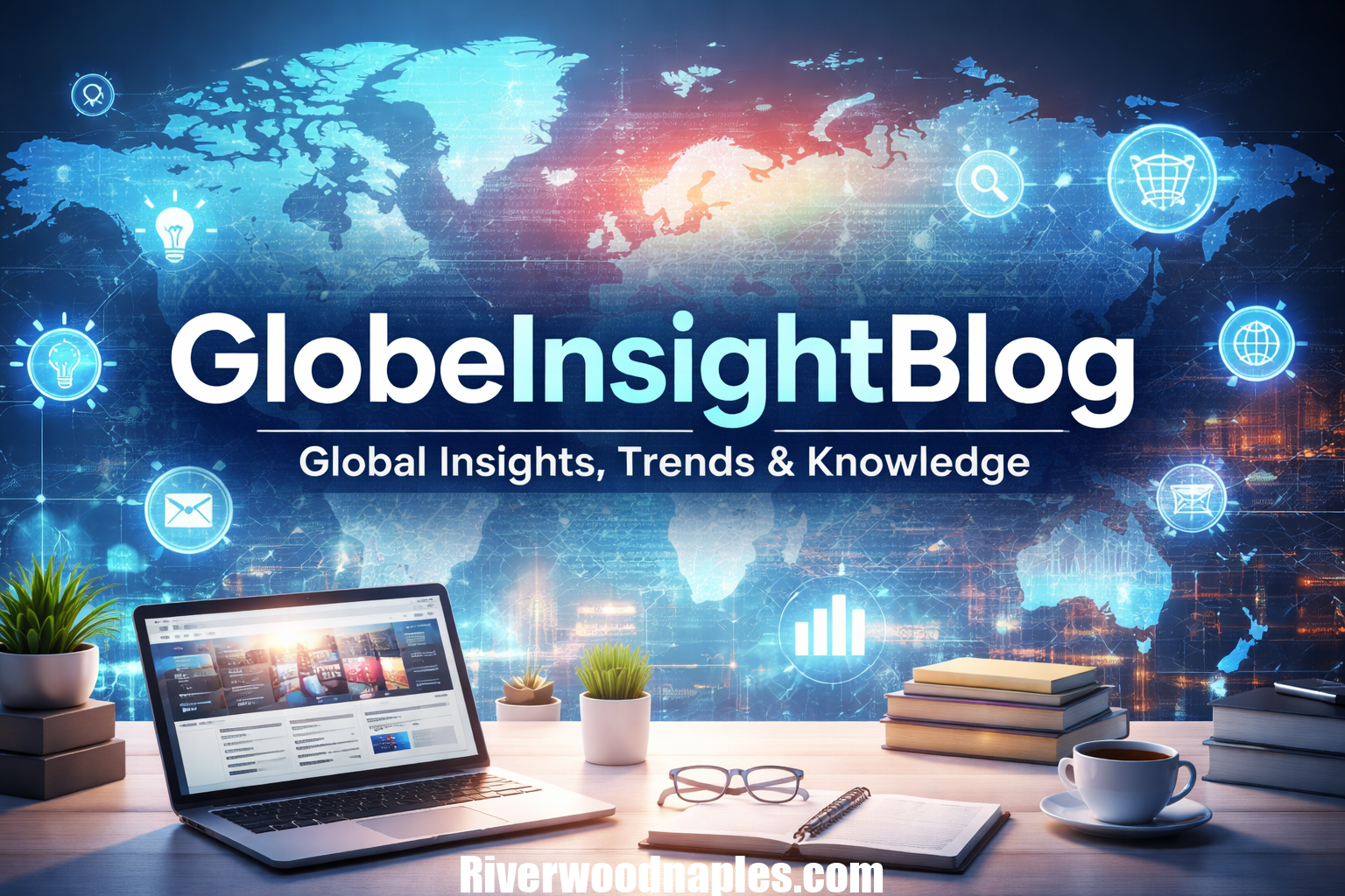 GlobeInsightBlog logo with a world map, digital icons, and a laptop representing global knowledge and insights