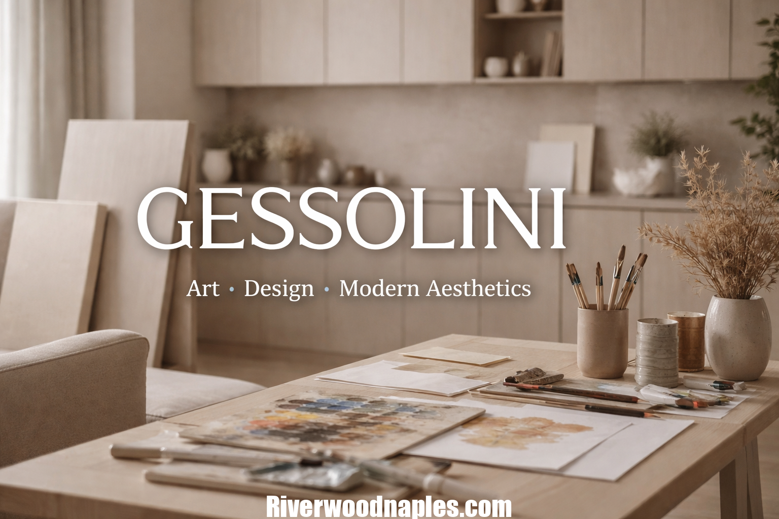 Contemporary artist’s studio with Gessolini-prepared panels, paintbrushes, and minimalist interior design elements