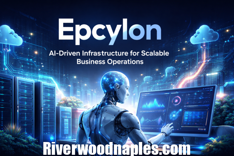 Illustration of Epcylon platform showing AI automation, cloud infrastructure, and business growth analytics