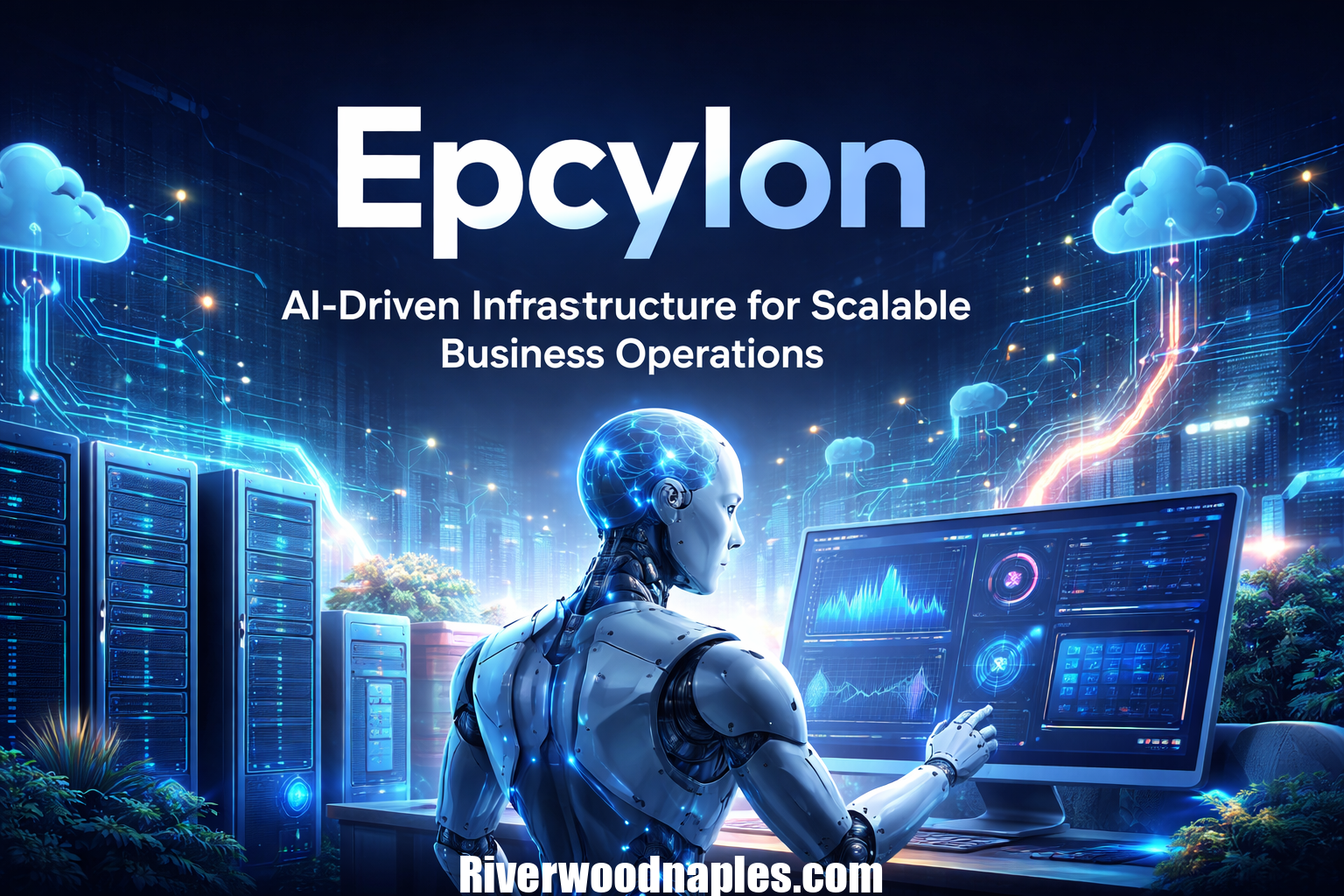 Illustration of Epcylon platform showing AI automation, cloud infrastructure, and business growth analytics