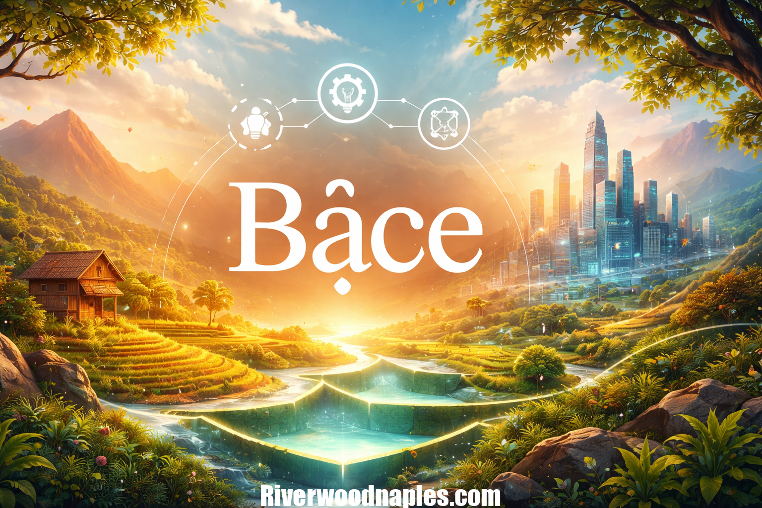 Illustration representing Bảce, showing interconnected pillars of Build, Automate, Connect, and Evolve alongside cultural and digital symbolism