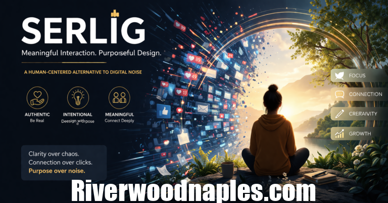 Illustration representing Serlig with a person meditating by a lake while digital messages flow, symbolizing calm and meaningful interaction amid digital noise.