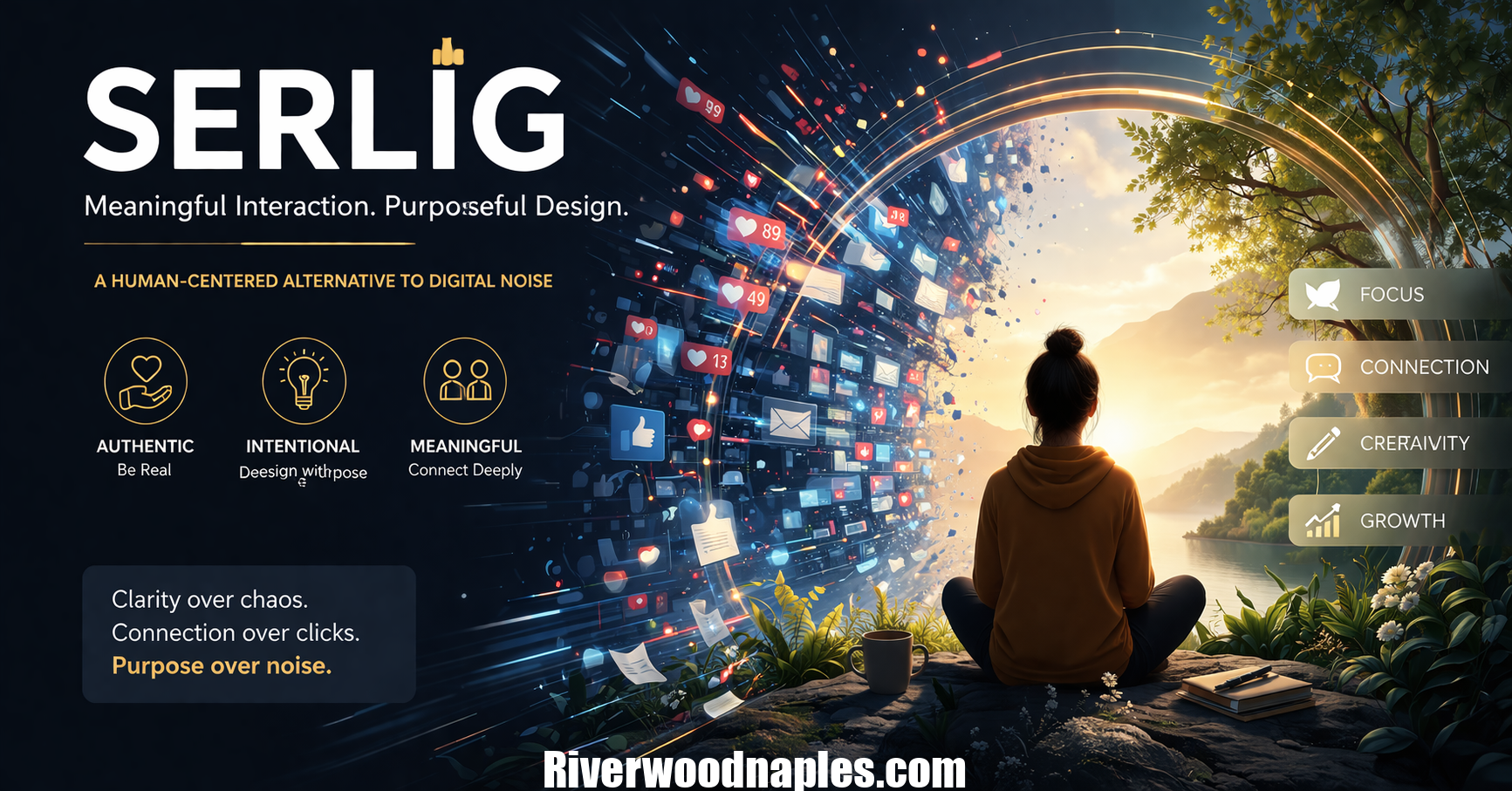 Illustration representing Serlig with a person meditating by a lake while digital messages flow, symbolizing calm and meaningful interaction amid digital noise.