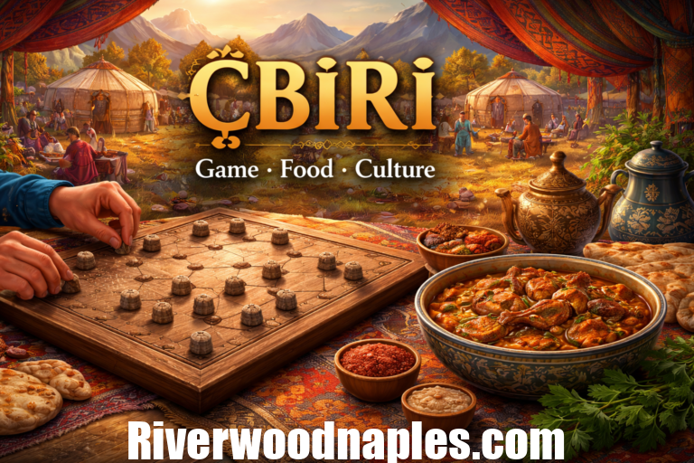 Çbiri board game with traditional food and cultural setting inspired by Central Asian heritage
