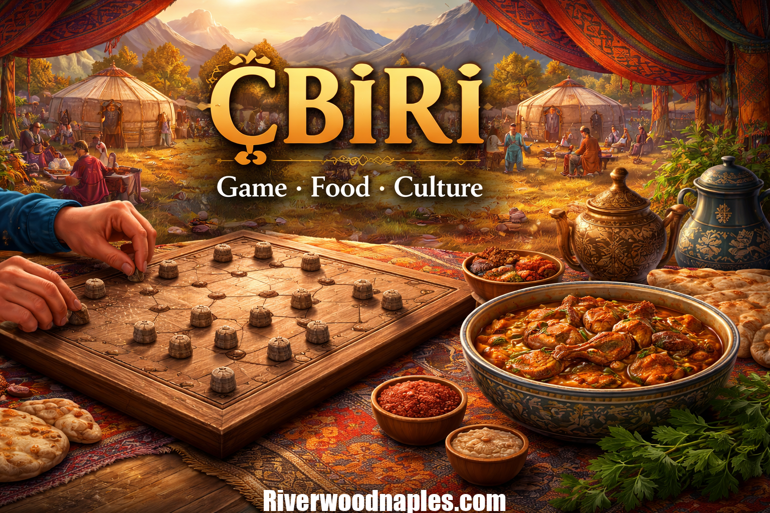 Çbiri board game with traditional food and cultural setting inspired by Central Asian heritage