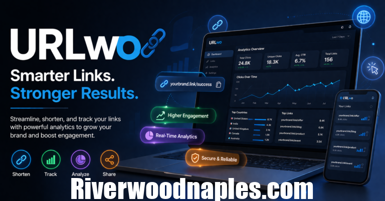 Illustration of URLwo link management dashboard with branded URLs, analytics charts, and social media icons