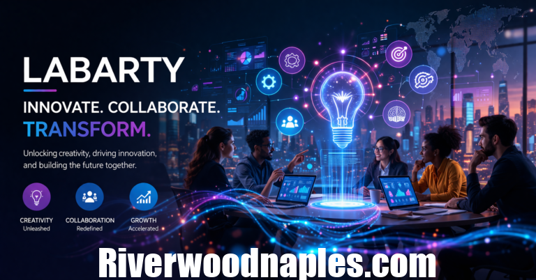 Abstract digital concept representing Labarty, showing teamwork, innovation, and interconnected nodes.