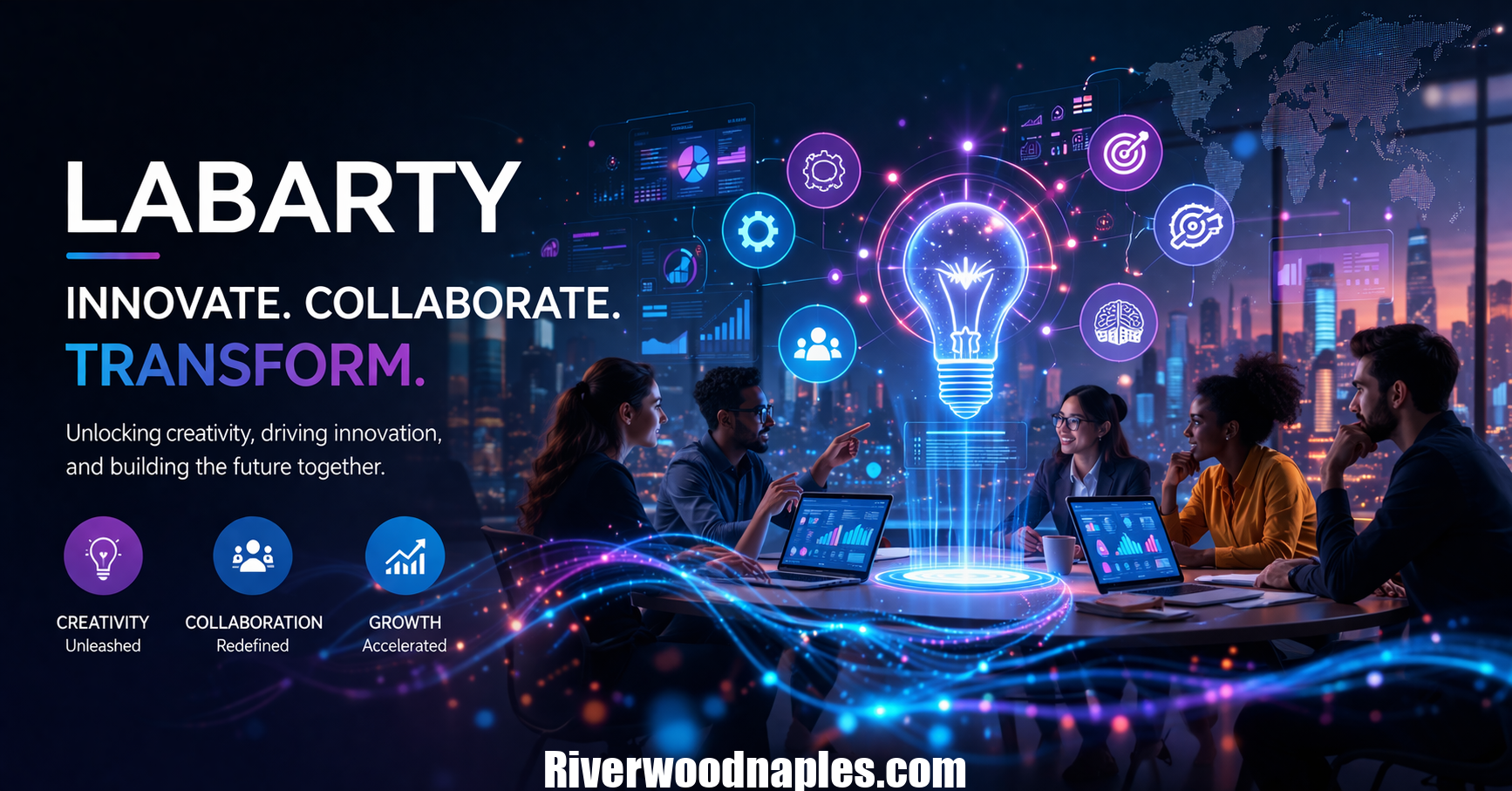 Abstract digital concept representing Labarty, showing teamwork, innovation, and interconnected nodes.