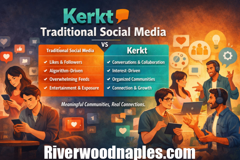 Comparison of Kerkt and traditional social media showing meaningful conversations, collaboration, and organized communities