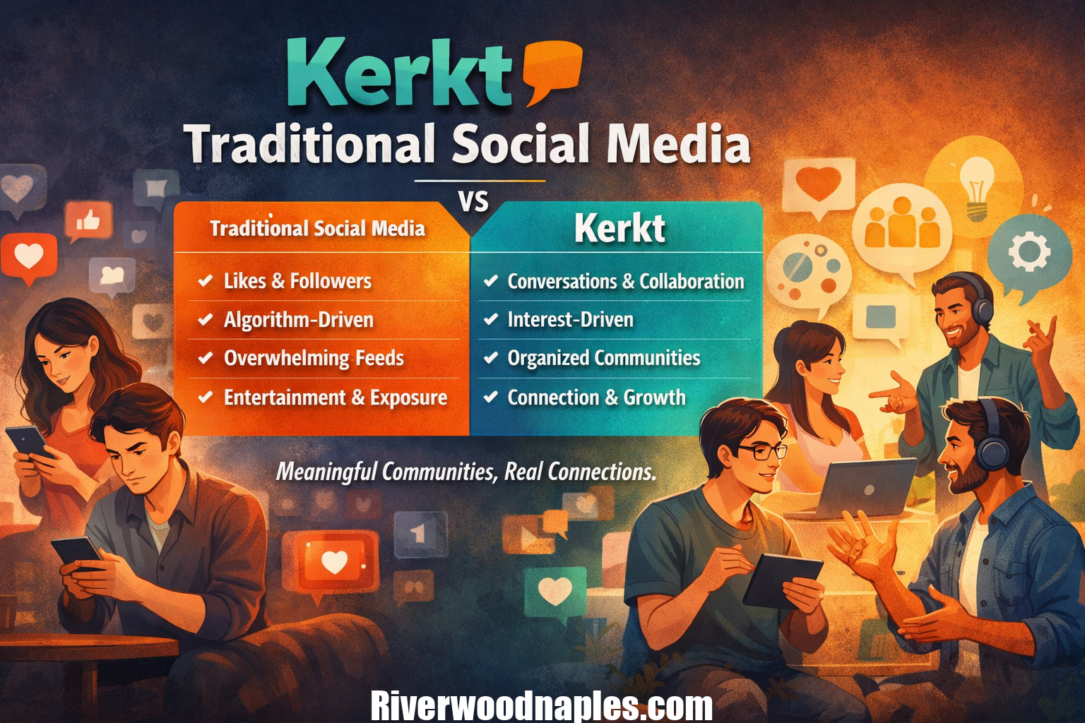 Comparison of Kerkt and traditional social media showing meaningful conversations, collaboration, and organized communities