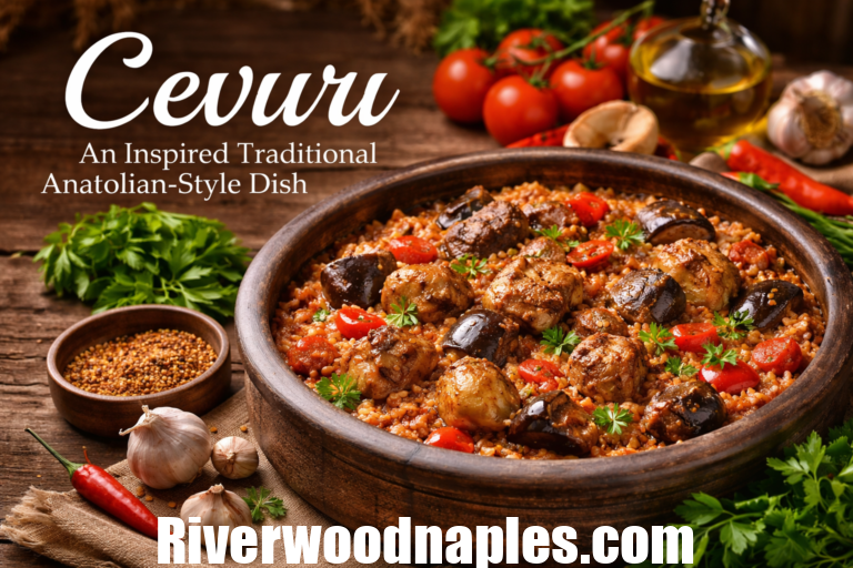 A traditional Anatolian-style cevurı dish made with slow-cooked meat, vegetables, and grains, served in a rustic bowl with fresh ingredients around it