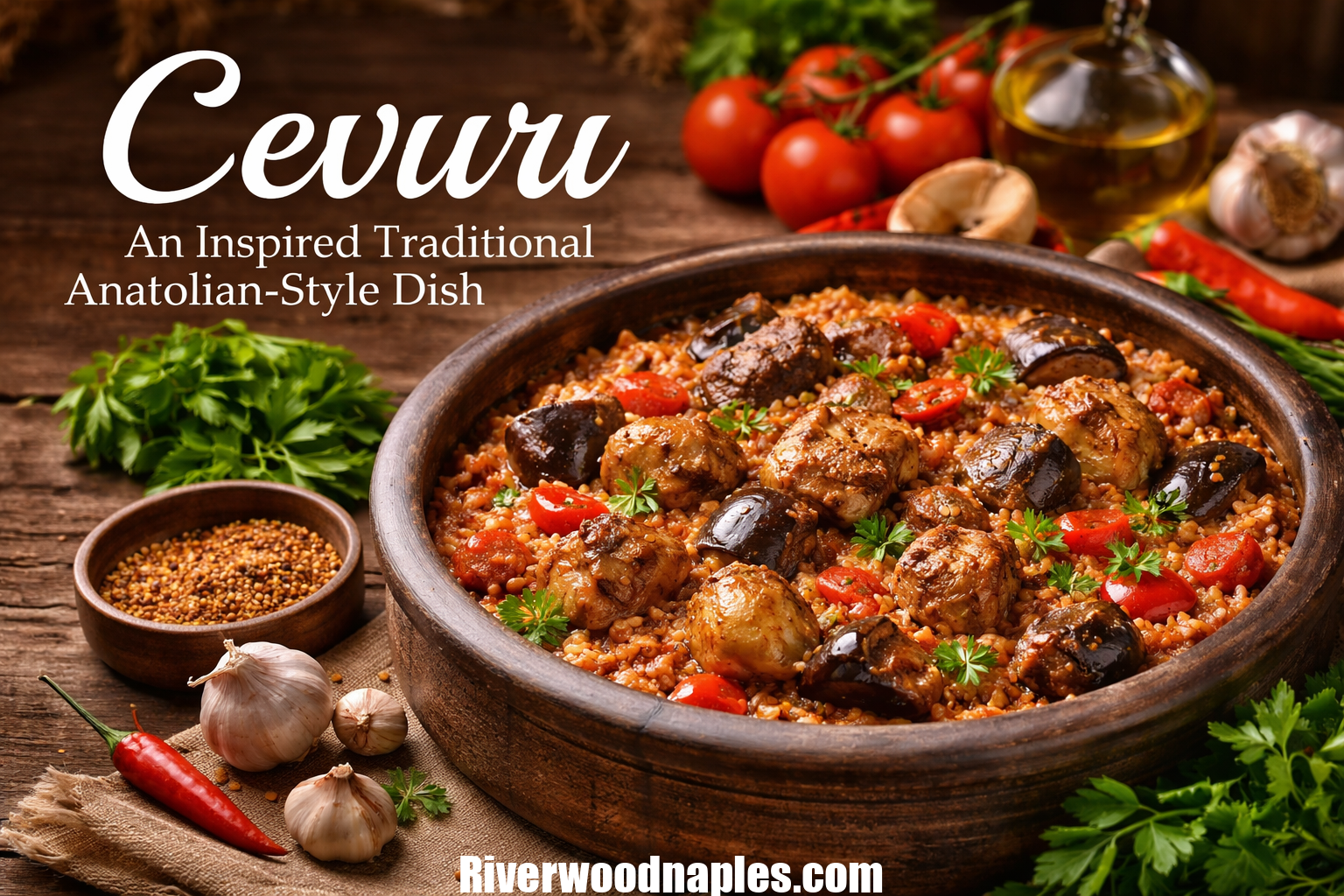 A traditional Anatolian-style cevurı dish made with slow-cooked meat, vegetables, and grains, served in a rustic bowl with fresh ingredients around it