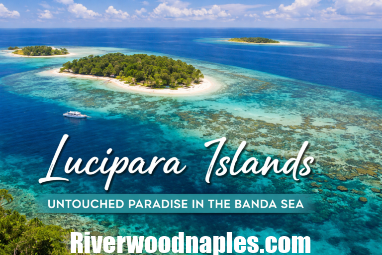 Aerial view of the Lucipara Islands in Indonesia, surrounded by crystal-clear waters and vibrant coral reefs.