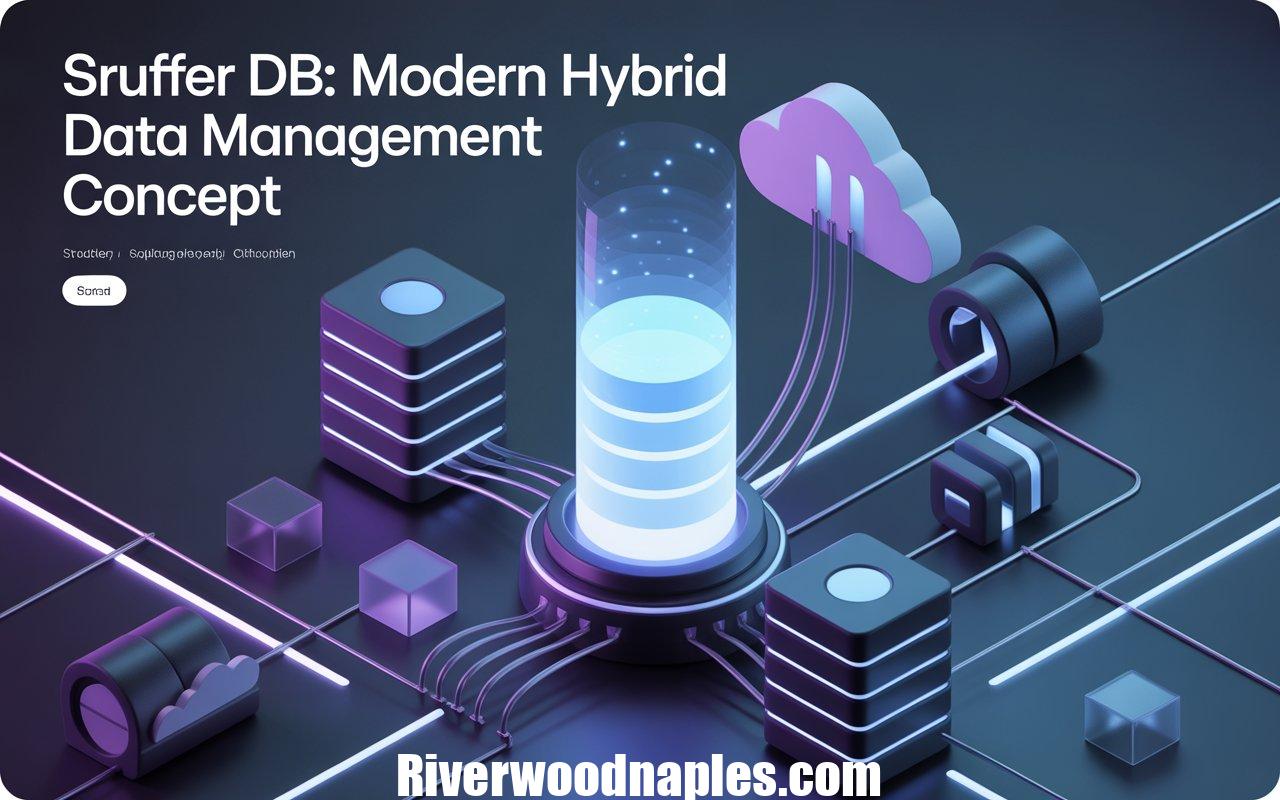 Futuristic illustration of Sruffer DB hybrid database concept showing cloud computing, data nodes, and real-time digital data flow in a modern network architecture