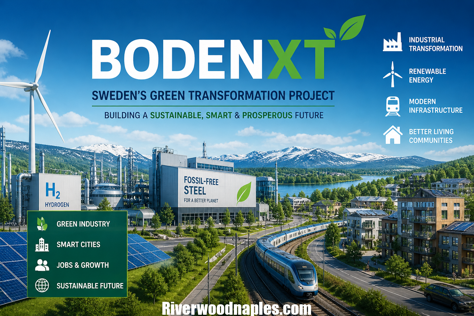 Futuristic sustainable city of Bodenxt in Sweden showing green industry, renewable energy systems, smart infrastructure, and fossil-free steel production