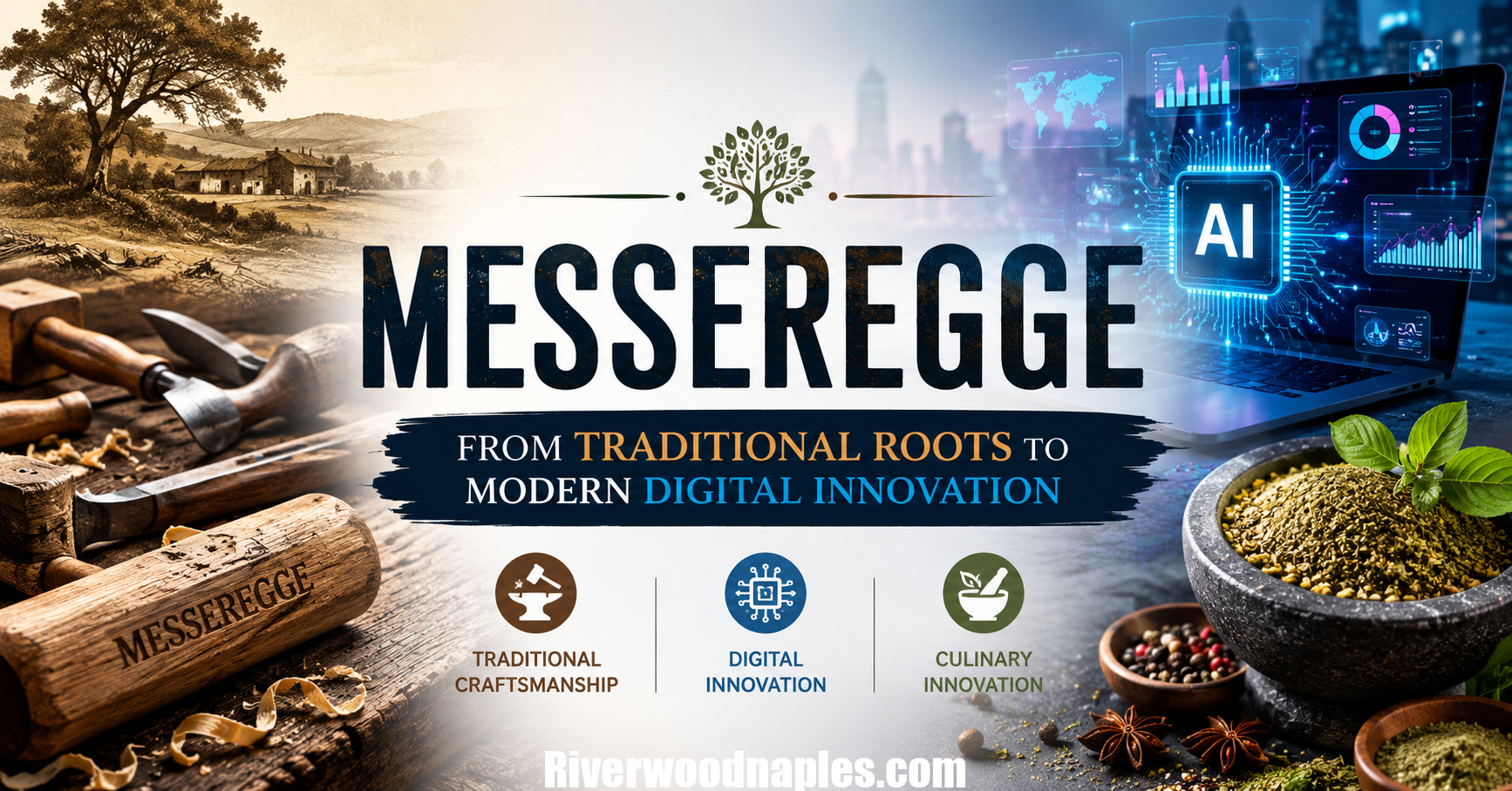 Messeregge concept showing transformation from traditional roots to modern digital innovation across technology, craftsmanship, and culinary fields