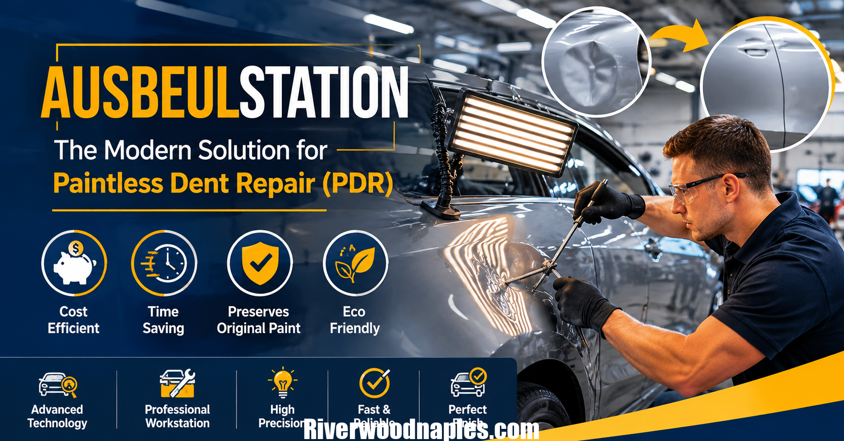 Technician using an Ausbeulstation for paintless dent repair on a damaged car panel