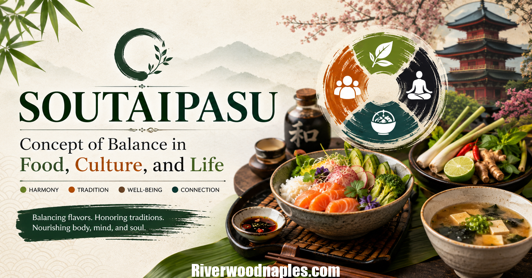 Soutaipasu concept banner showing balance in food, culture, and life with Japanese-inspired cuisine and harmony theme