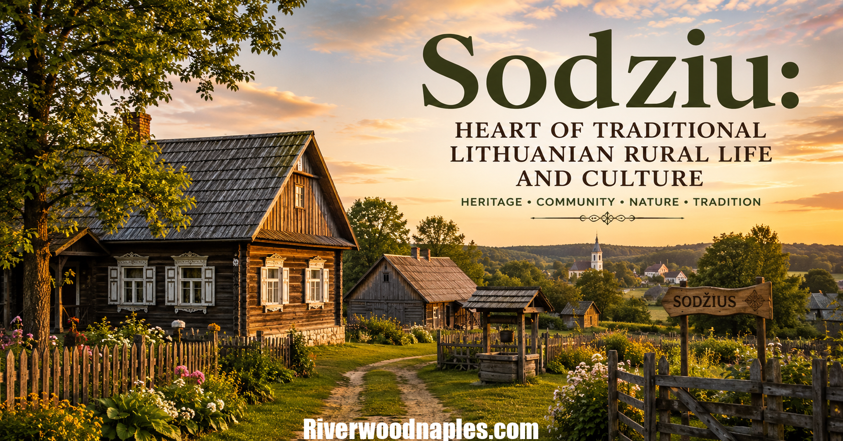 Traditional Lithuanian Sodziu village landscape showing rural homesteads, nature, and countryside cultural heritage